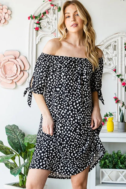 Full Size Short Sleeve Off Shoulder Animal Mini Dress Plus Size in Black/Ivory - product view 14