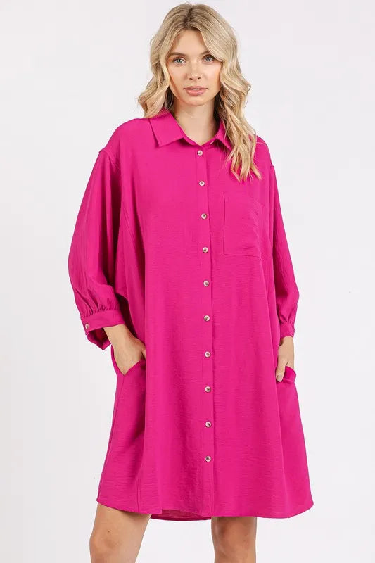 Airflow 3/4 Sleeve Buttoned Shirt Mini Dress in Hot Pink - product view 1