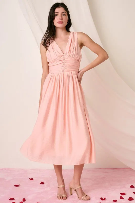 Ruched V-Neck Sleeveless Midi Dress in Blush - product view 4