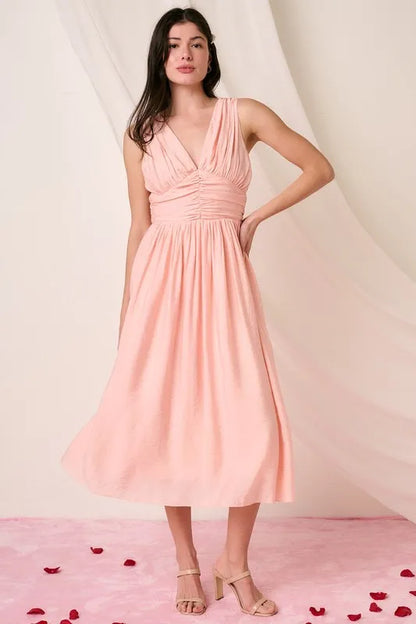 Ruched V-Neck Sleeveless Midi Dress in Blush - product view 4