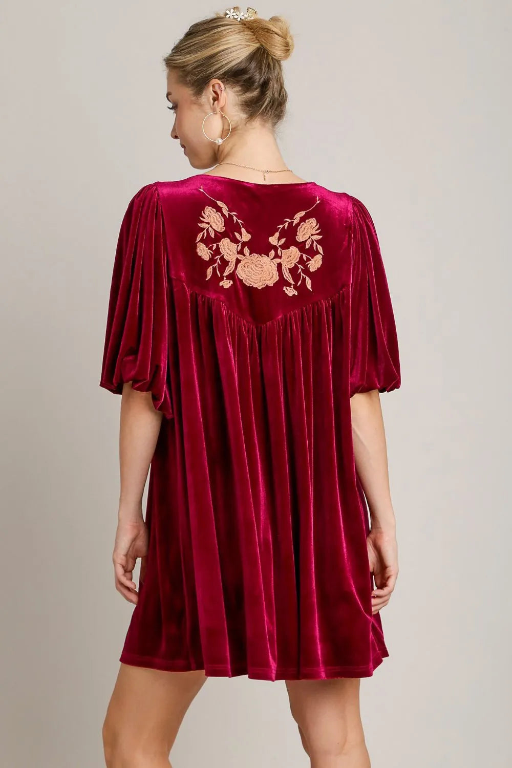 Embroidered Half Sleeve Velvet Mini Dress with Tassel in Burgundy - product view 2