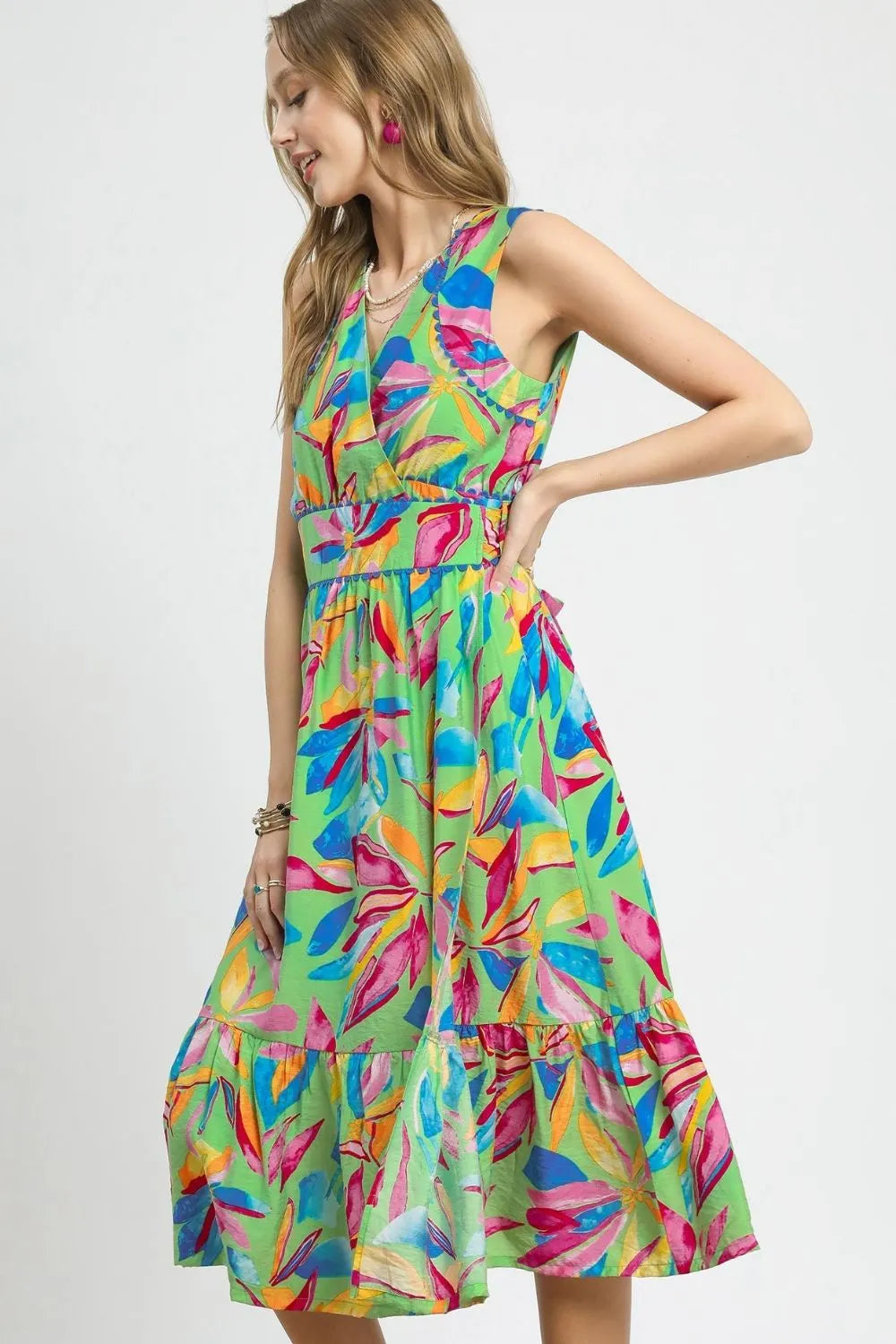 Ruffled Hem Printed Sleeveless Midi Dress in Green - product view 3
