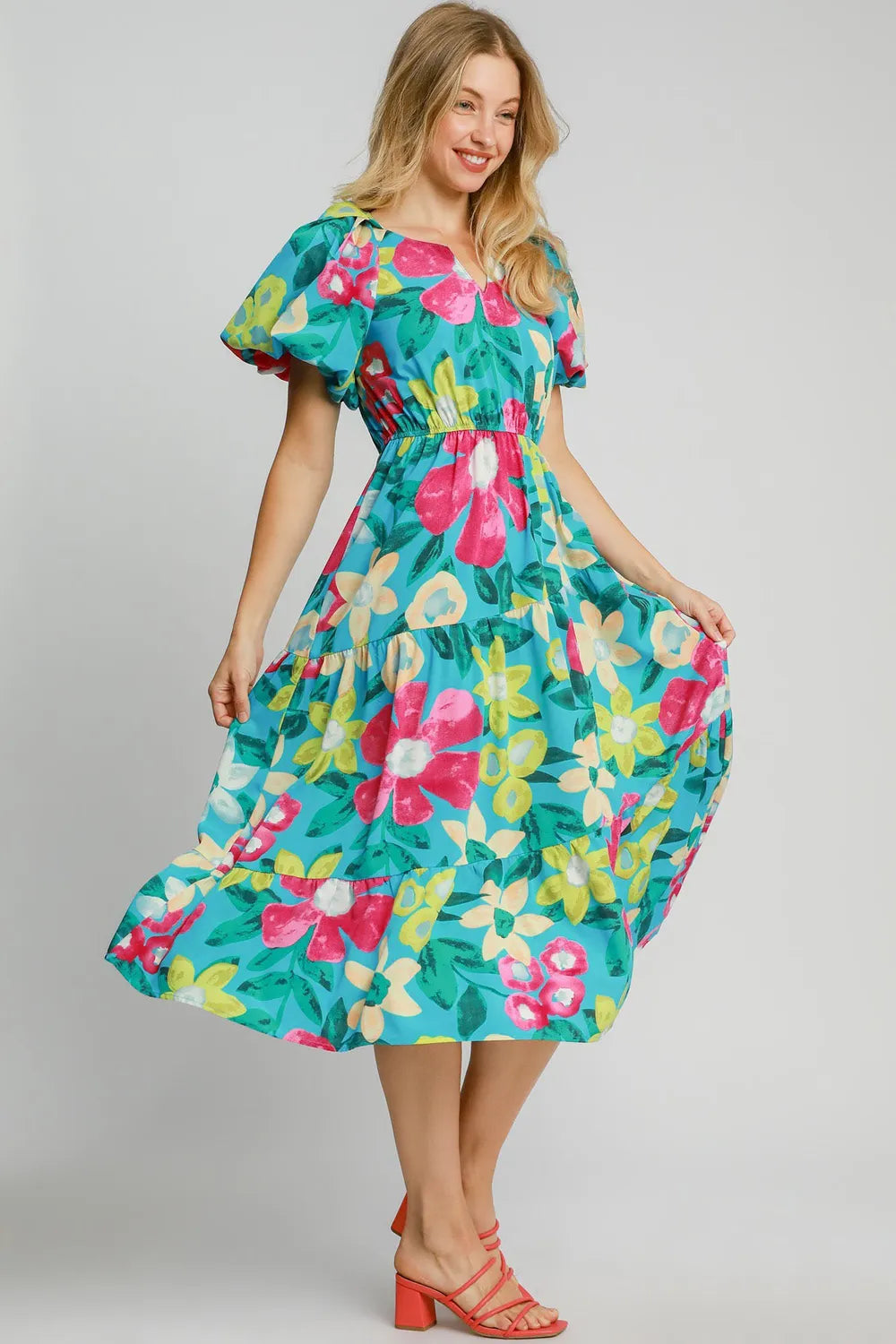Full Size Tiered Floral Print Notched Puff Sleeve Midi Dress Plus Size - Azuremix - product view 3