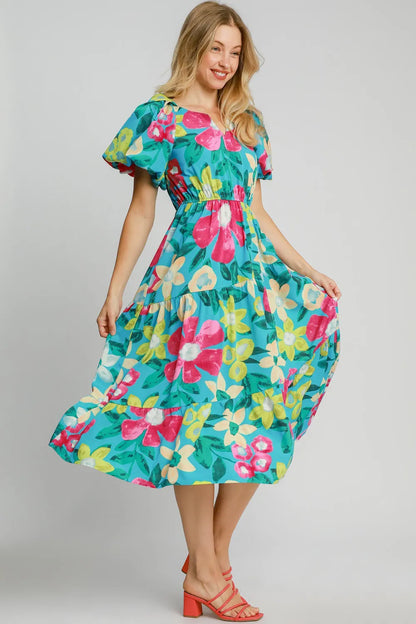 Full Size Tiered Floral Print Notched Puff Sleeve Midi Dress Plus Size - Azuremix - product view 3
