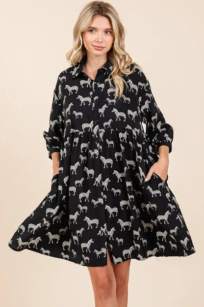 Zebra Print Button Down Shirt Mini Dress - Black - product view 3