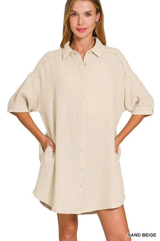 Washed Double Gauze Button Down Shirt Dress - Sand Beige - product view 1