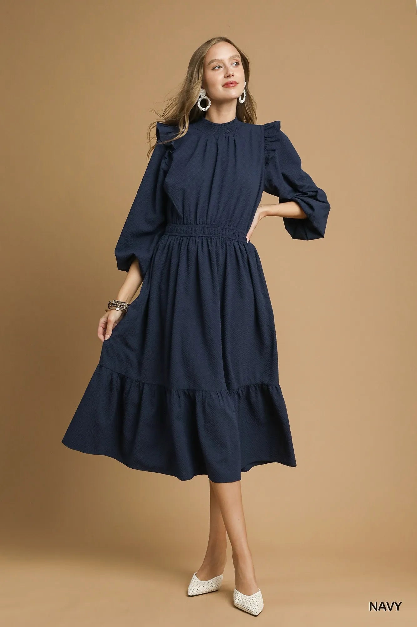 Textured Midi Dress with Ruffle Shoulder Detail - Navy - product view 4