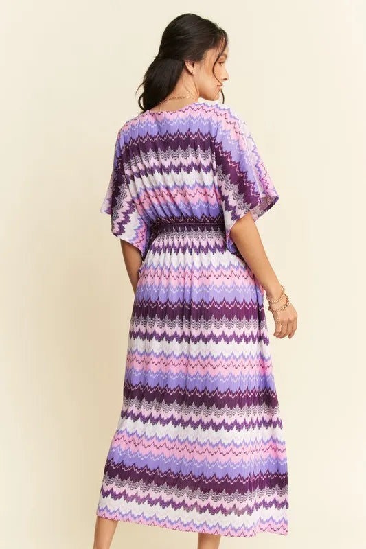 Multi Color Wavy Tie Waist Flowy Sleeve Dress - Lilac Multi - product view 10