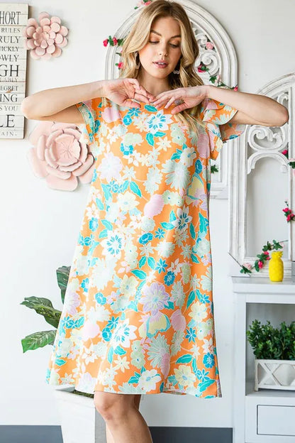 Full Size Ruffled Short Sleeve Floral Mini Dress Plus Size in Orange - product view 10