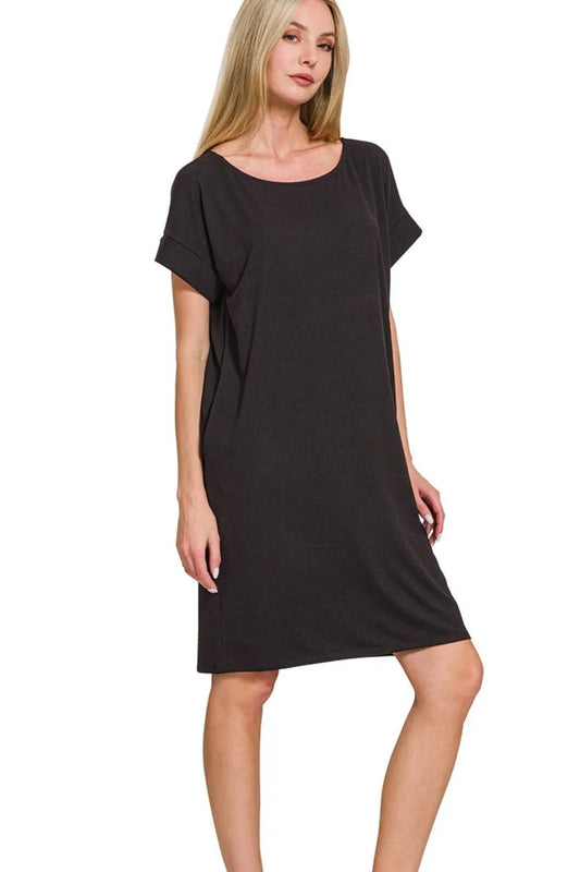 Rolled Short Sleeve Round Neck Dress - Black - product view 1