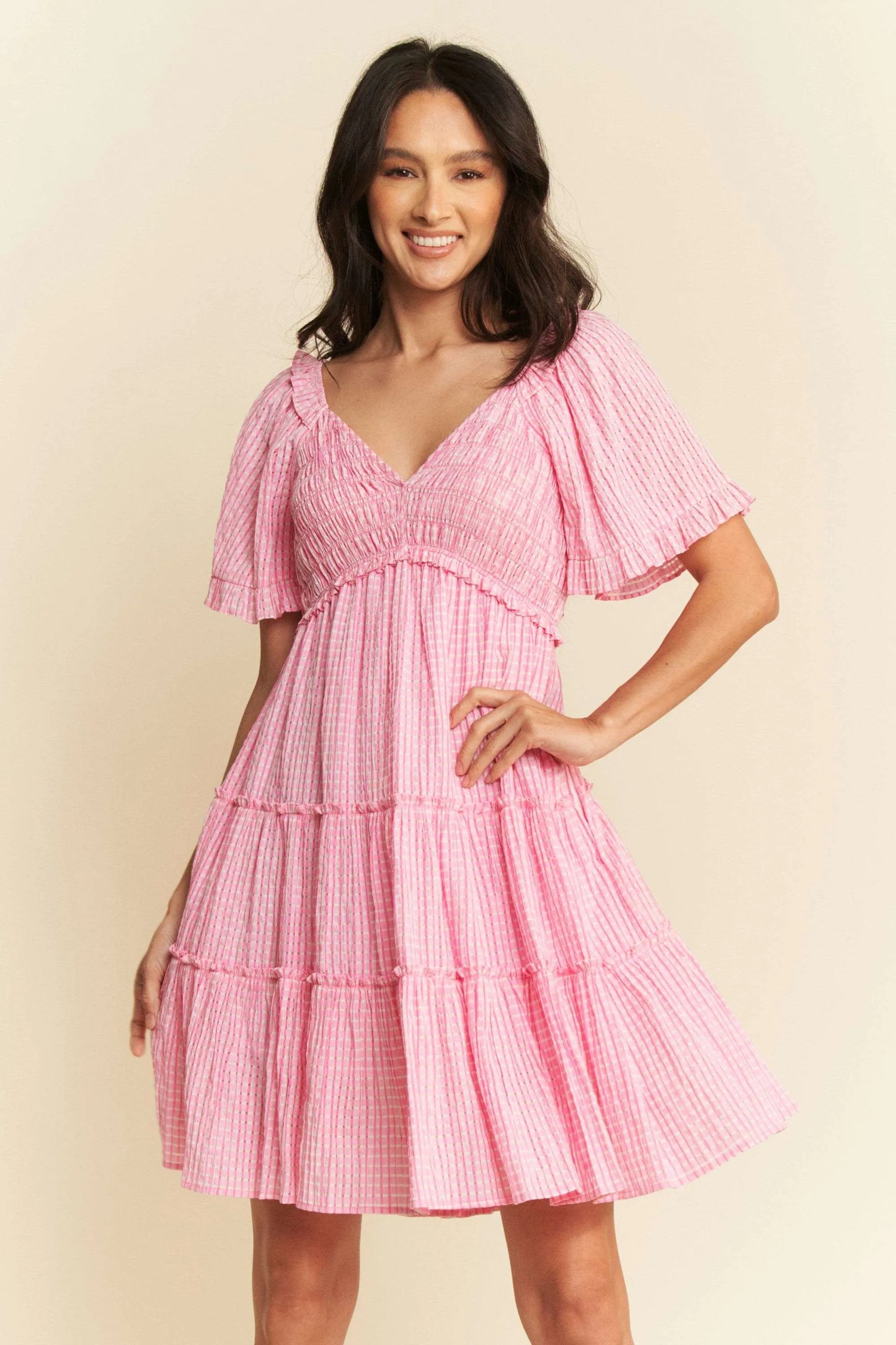 Jacquard Checker Smocking Tiered Dress - Barbie Pink - product view 2