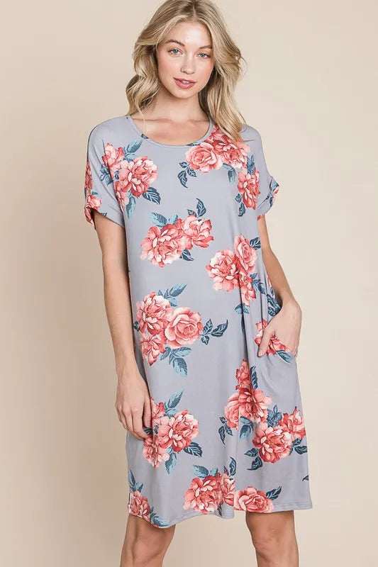 Floral Round Neck Short Tee Dress with Pockets - Grey - product view 1