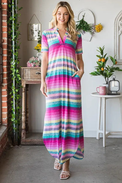 Full Size Striped Short Sleeve Maxi Tee Dress Plus Size in Pink Multi - product view 4