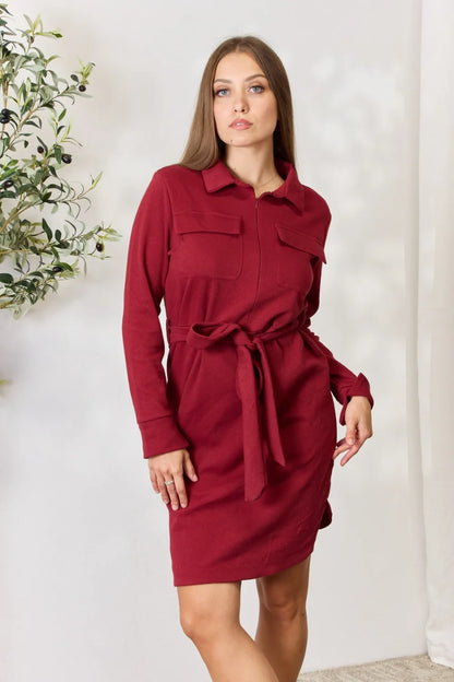 Full Size Tie Front Half Zip Long Sleeve Shirt Dress in Burgundy - product view 8