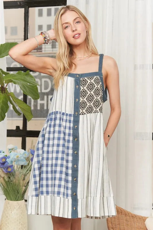 Patchwork Button Front Mini Dress in Denim/Navy - product view 9