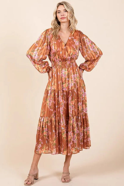 Flower Print Satin Lurex Stripe Smocked Midi Dress in Terracotta - product view 4