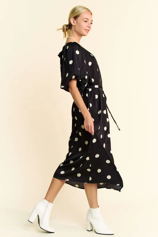 Polka Dot Puff Sleeves Waist Tie Midi Dress in Black - product view 10