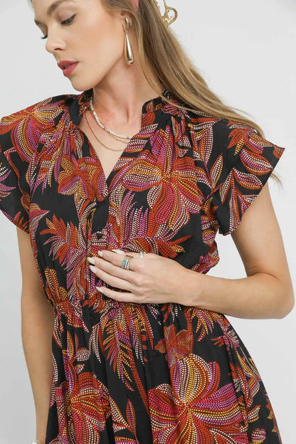 Mix Ruffle Sleeve Tropical Midi Dress in Black Mix - product view 5