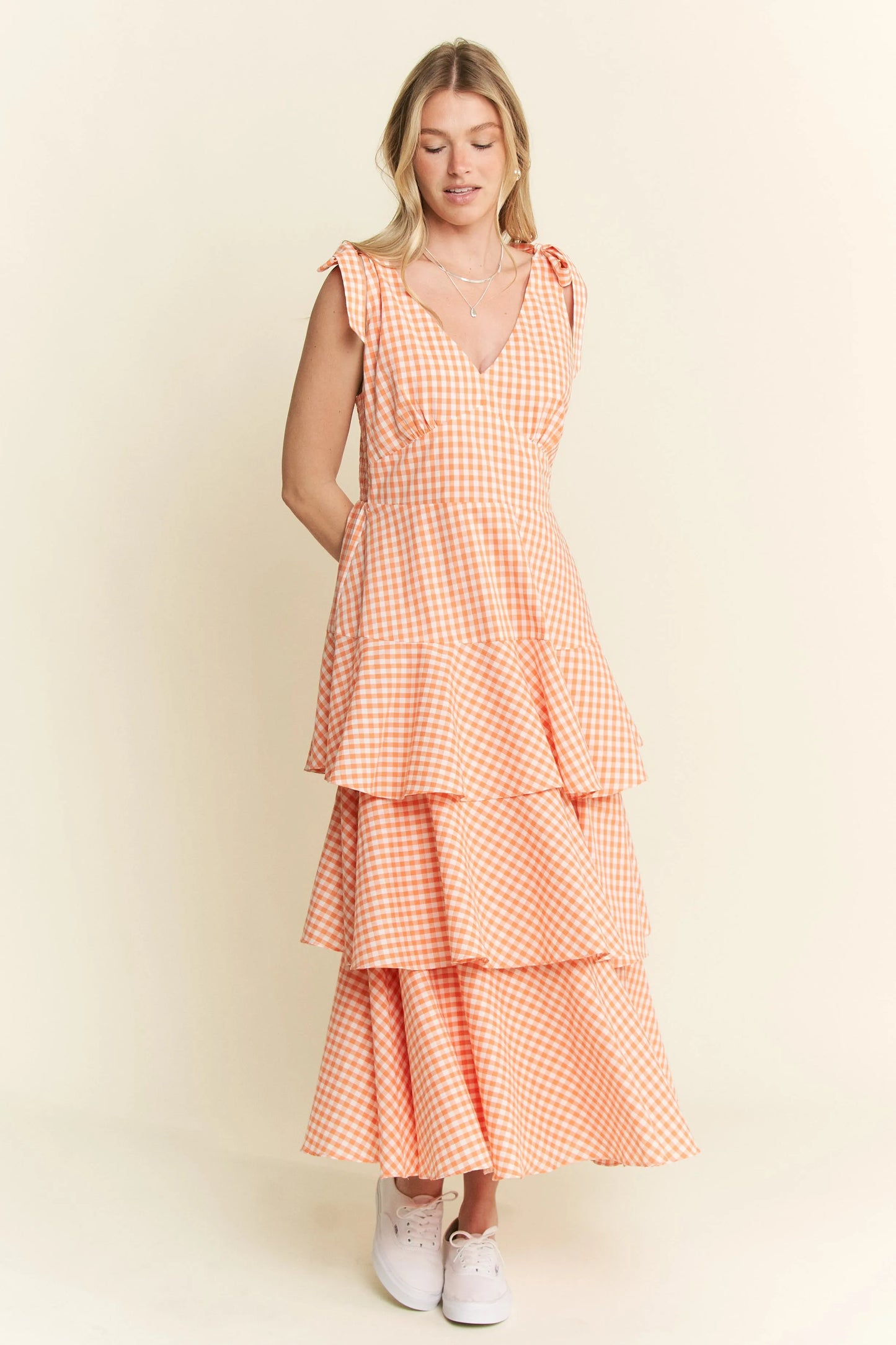 Sleeveless Gingham Print Tiered Midi Dress in Orange - product view 11