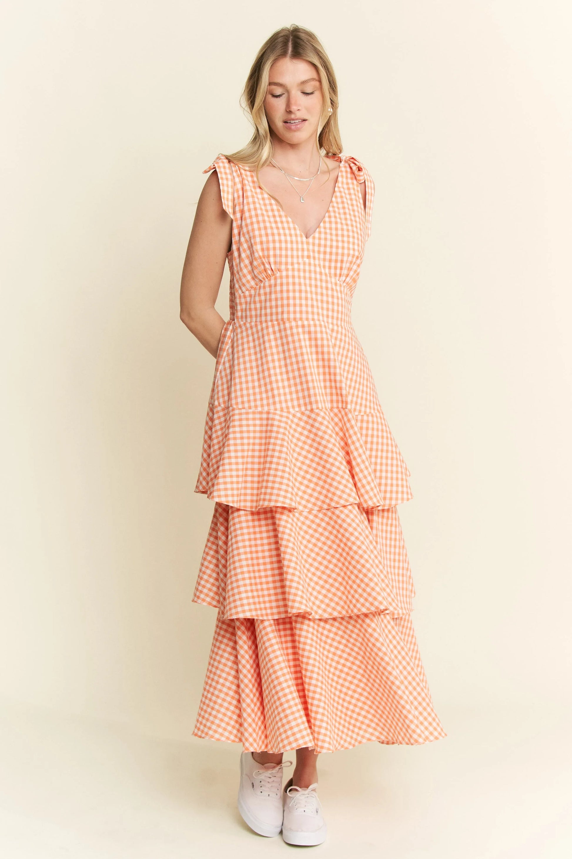 Sleeveless Gingham Print Tiered Midi Dress in Orange - product view 11