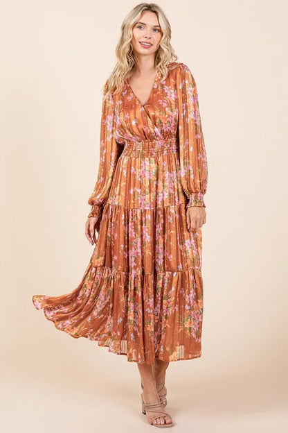 Flower Print Satin Lurex Stripe Smocked Midi Dress in Terracotta - product view 6