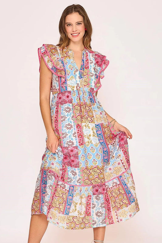 Full Size Tie Neck Double Layered Ruffle Sleeve Midi Dress Plus Size in Pink Mix - product view 1