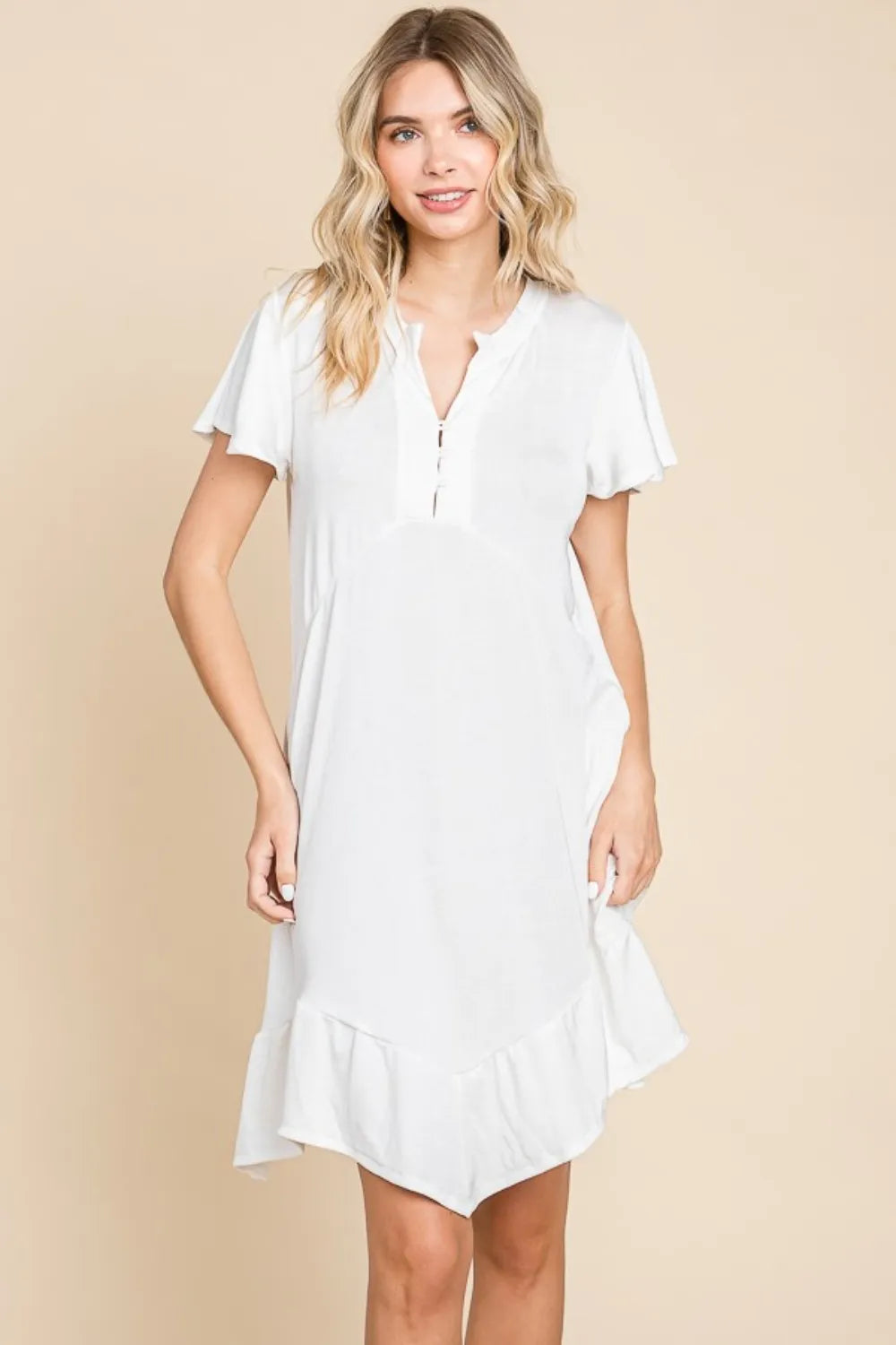 Full Size Short Sleeve Ruffled Asymmetric Hem Dress - Soft White - product view 1