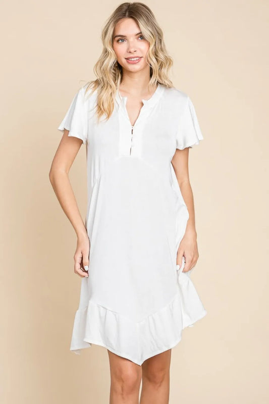 Full Size Short Sleeve Ruffled Asymmetric Hem Dress - Soft White - product view 1