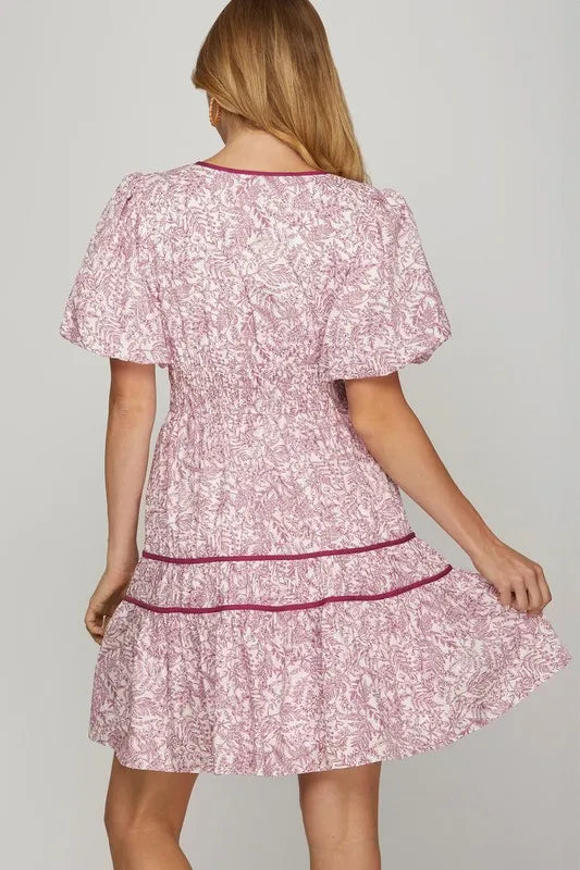 Full Size Printed V-Neck Puff Sleeve Tiered Dress Plus Size - Berry - product view 3