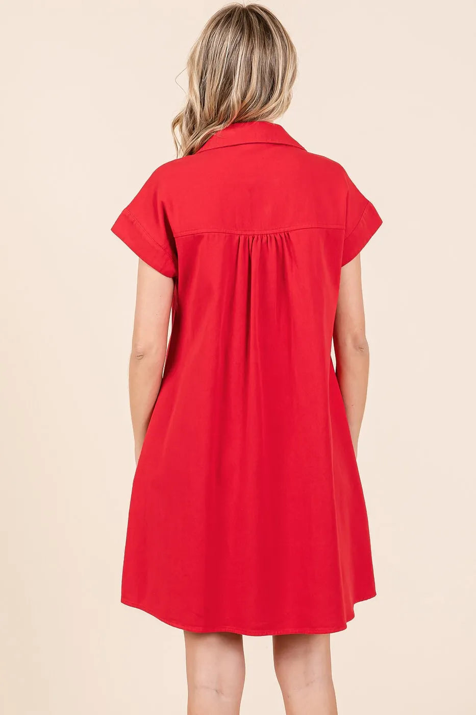 Twill Short Sleeve Collared Mini Dress - Red - product view 5
