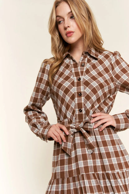 Plaid Tiered Midi Shirt Dress in Brown - product view 5