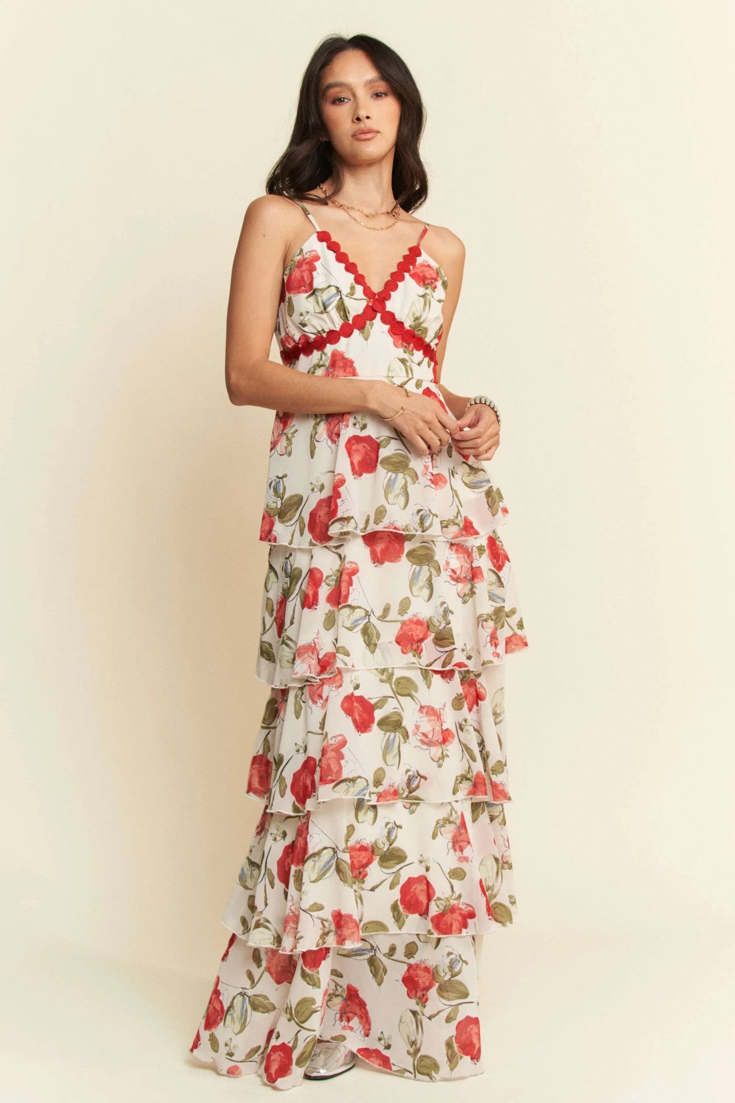 Contrast Ring Lace Layered Ruffle Maxi Cami Dress in Ivory Red - product view 2