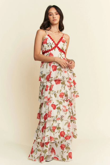 Contrast Ring Lace Layered Ruffle Maxi Cami Dress in Ivory Red - product view 2