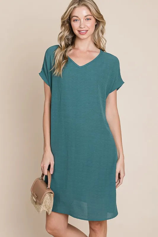V-Neck Short Sleeve Dress with Pockets - Teal - product view 2