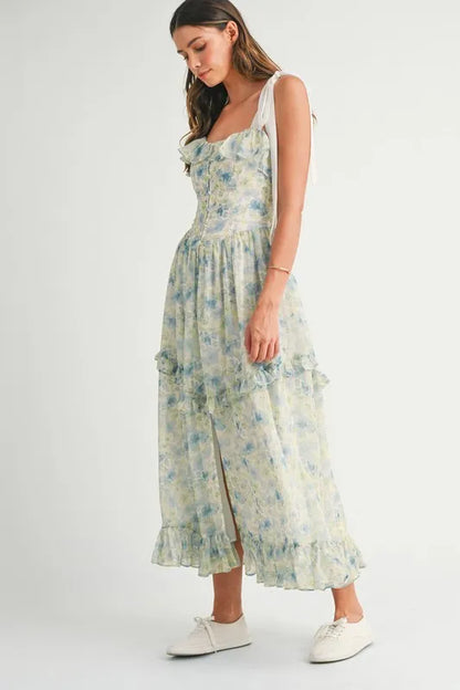 Floral Printed Shoulder Strap Midi Dress in Blue - product view 5