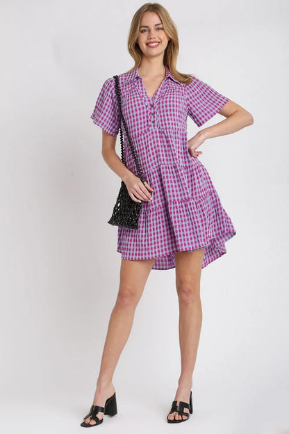 Full Size Gingham Tiered Button Detail Short Sleeve Dress Plus Size - Red-Violet - product view 3