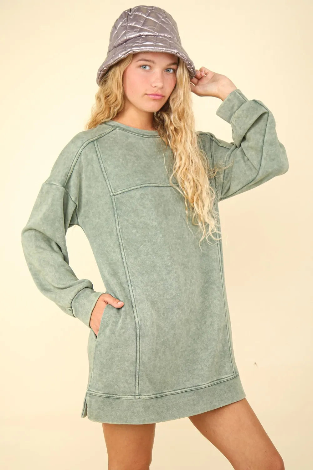 Mineral Washed Oversized Sweatshirt Mini Dress - Sage - product view 1