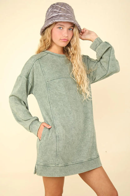 Mineral Washed Oversized Sweatshirt Mini Dress - Sage - product view 1