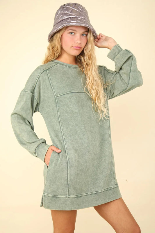 Mineral Washed Oversized Sweatshirt Mini Dress - Sage - product view 1