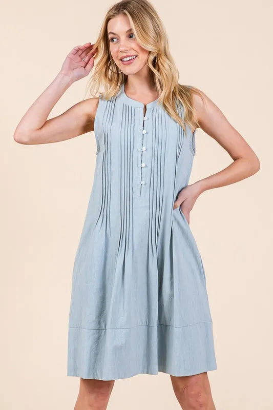 Denim Pintuck Detail Sleeveless Midi Dress in Lt Denim - product view 6
