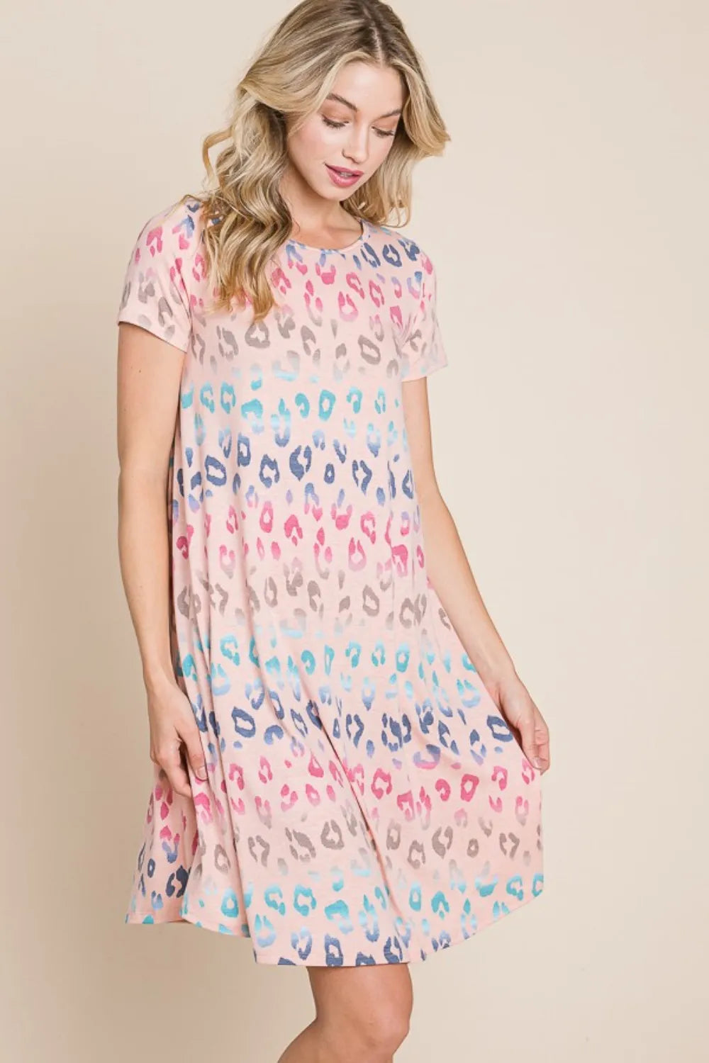 Leopard Round Neck Short Sleeve Dress in Blush - product view 4