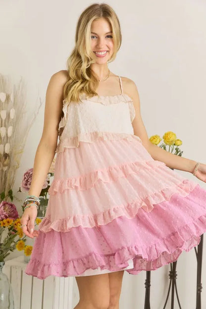 Swiss Dot Ruffled Tiered Mini Dress - Mauve Multicolor - product view 1
