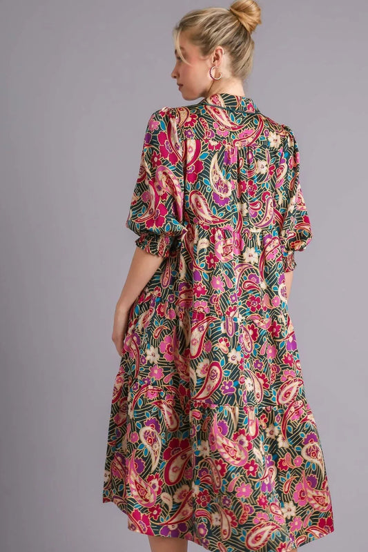 Full Size Paisley Print Satin Tiered Midi Dress Plus Size in Tealgreen - product view 2
