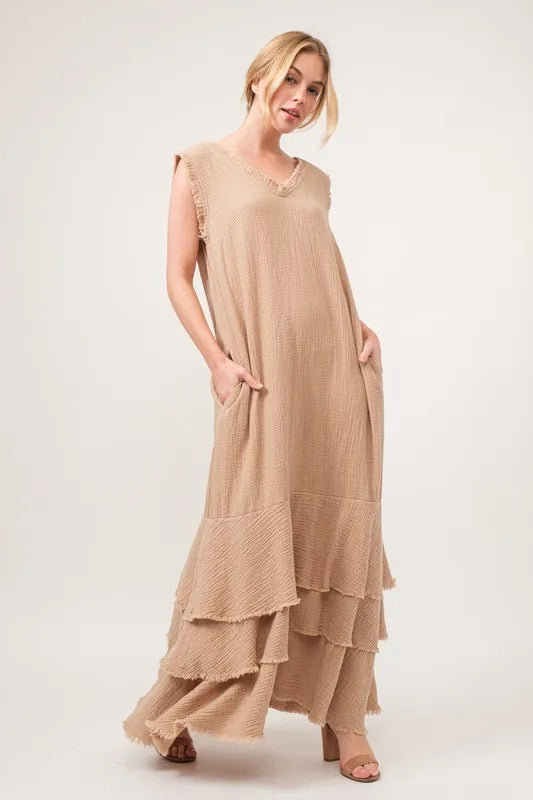 Washed Cotton Gauze Fringe Detail Tiered Dress - Sand - product view 5