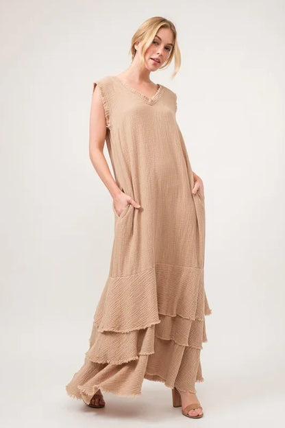 Washed Cotton Gauze Fringe Detail Tiered Dress - Sand - product view 5