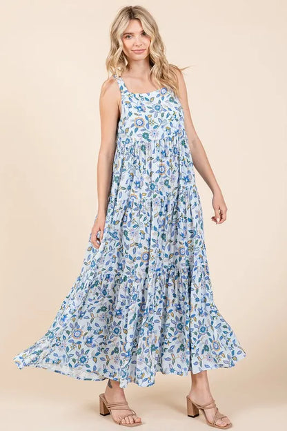 Flower Print Tiered Sleeveless Empire Maxi Dress in Sky Blue - product view 4