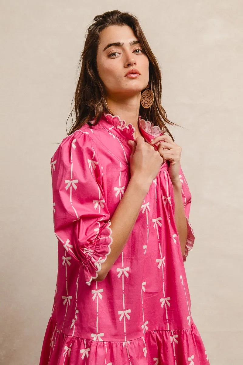 Ribbon Patterns With Scallops Edge Details Short Sleeve Dress in Fuchsia - product view 5