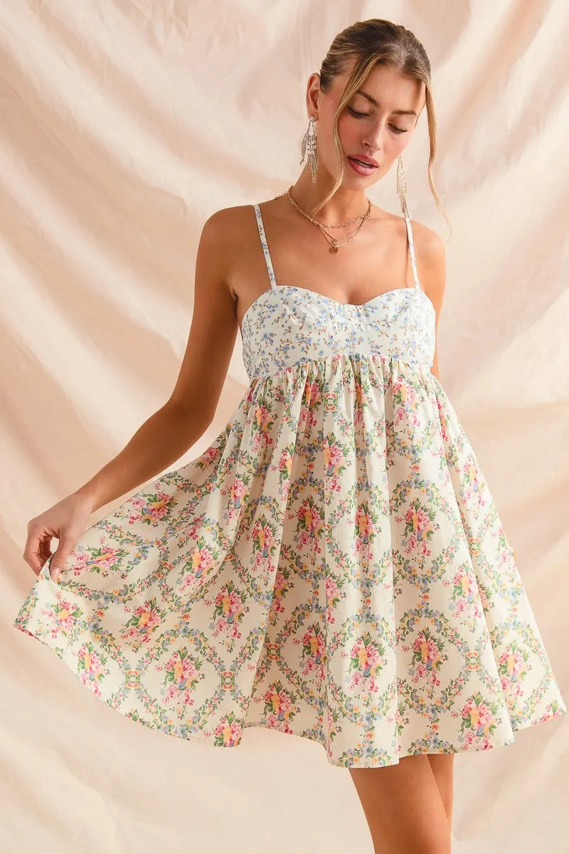 Mixed Floral Print Sleeveless Mini Dress in Cream Combo - product view 3