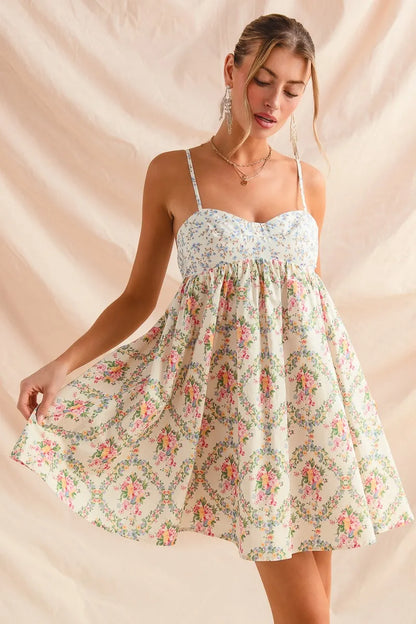 Mixed Floral Print Sleeveless Mini Dress in Cream Combo - product view 3