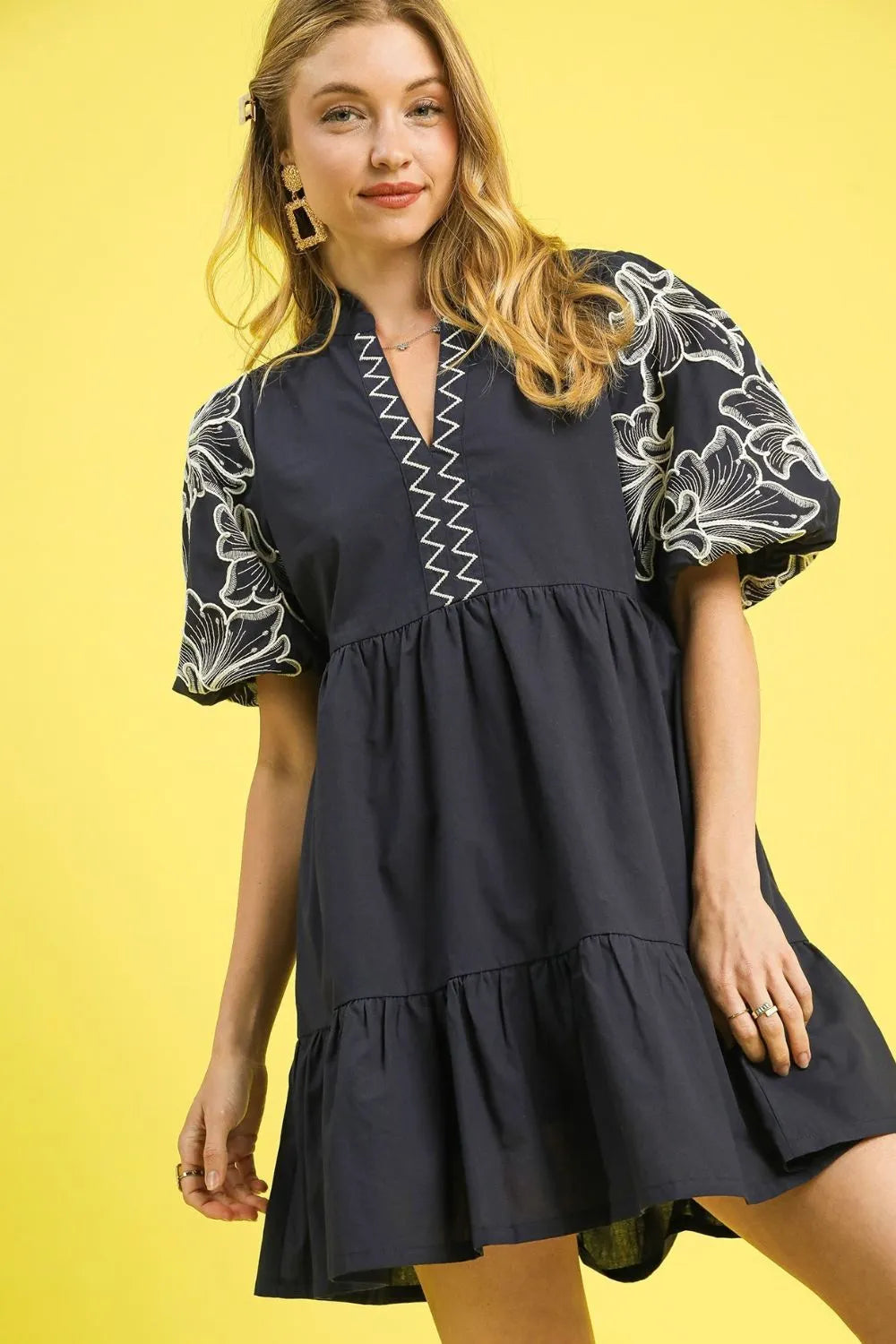 Tiered Embroidered Puff Sleeve Mini Dress in Dark Gray - product view 1